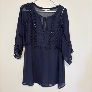 Daniel Rainn M navy sheer embroidered-cutout design tunic